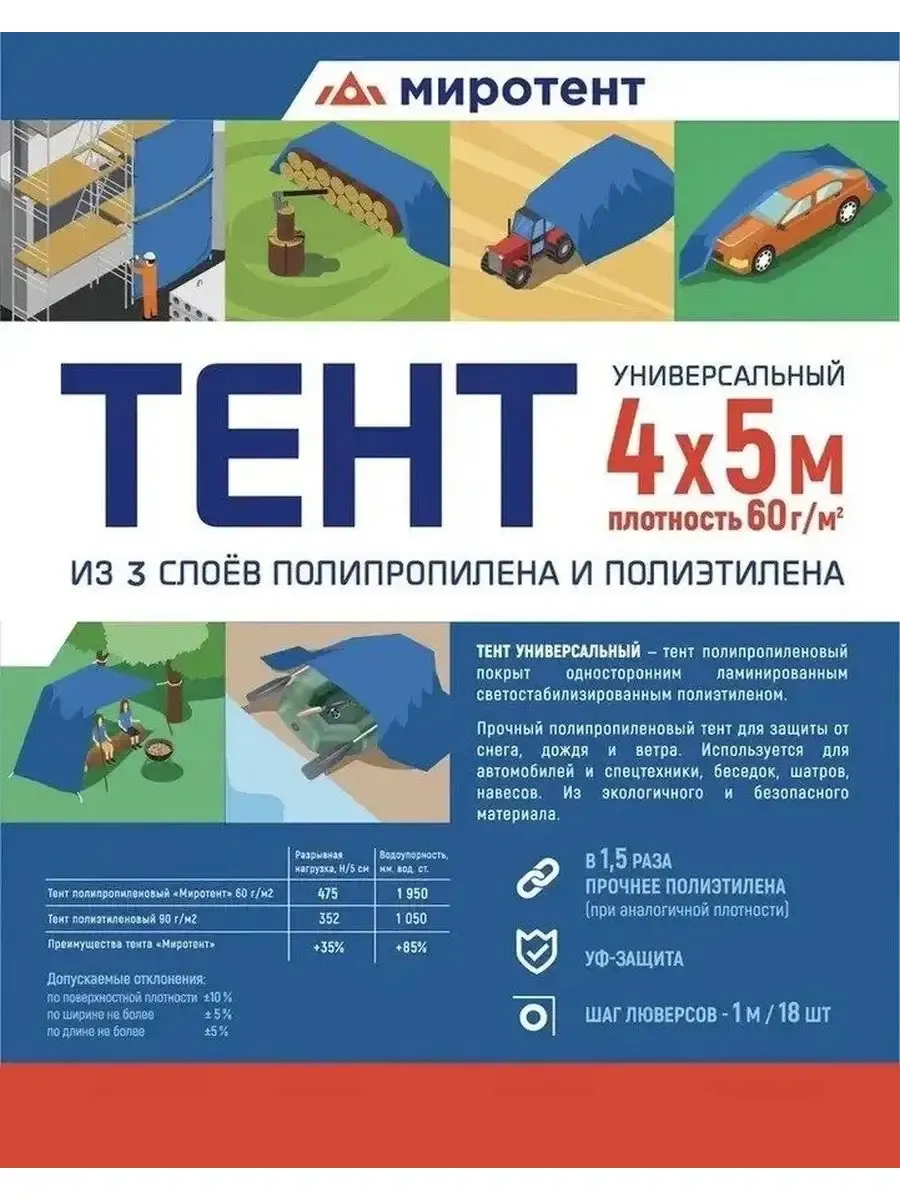 Тент Миротент 60 г/м2 4х5 с люверсами Тент Миротент 60 г/м2 4х5 с люверсами