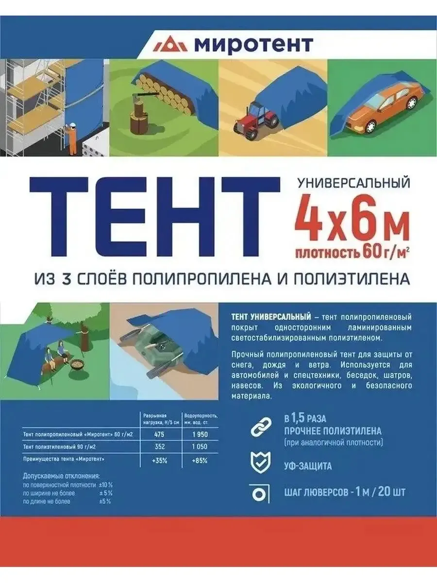 Тент Миротент 60 г/м2 4х6 с люверсами