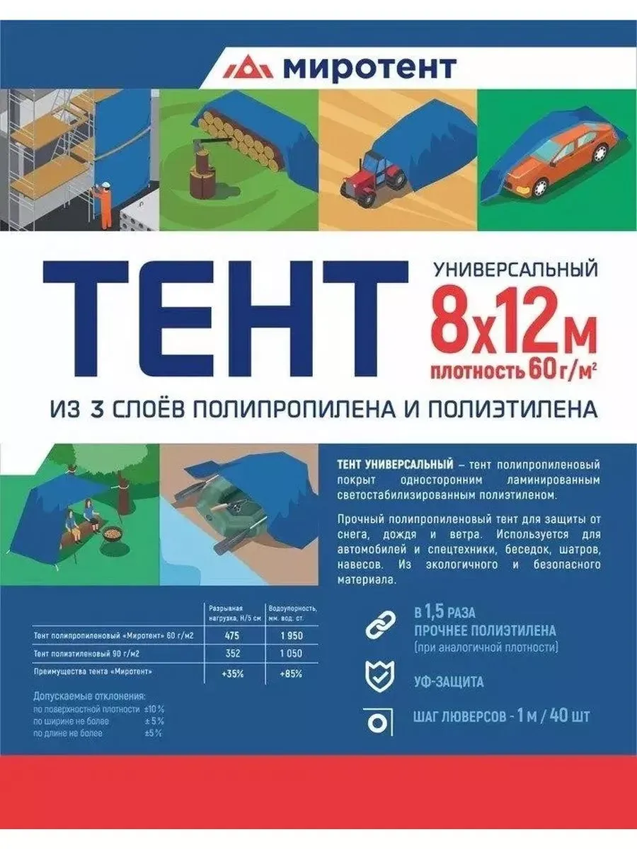 Тент Миротент 60 г/м2 8х12 с люверсами Тент Миротент 60 г/м2 8х12 с люверсами
