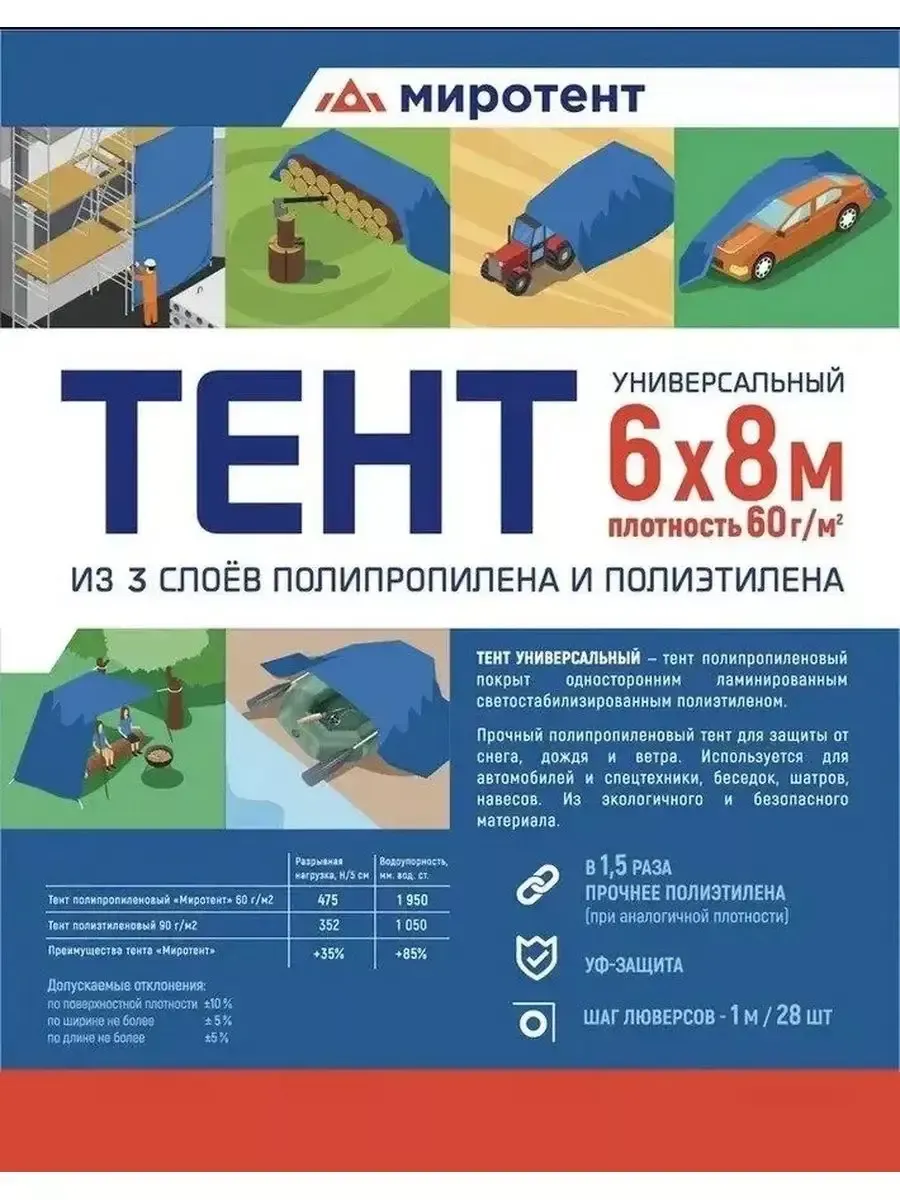Тент Миротент 60 г/м2 6х8 с люверсами