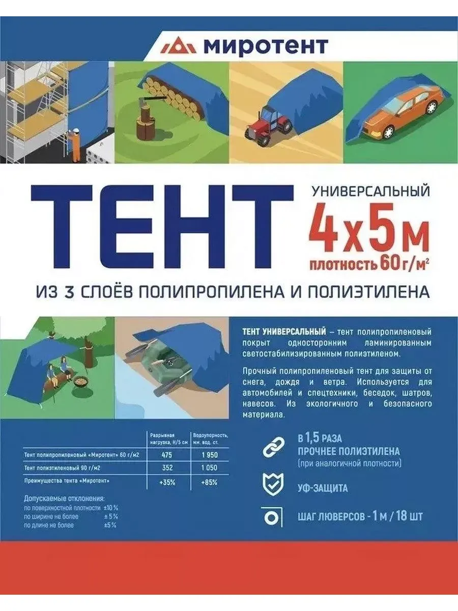 Тент Миротент 60 г/м2 4х5 с люверсами