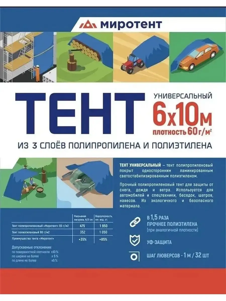 Тент Миротент 60 г/м2 6х10 с люверсами