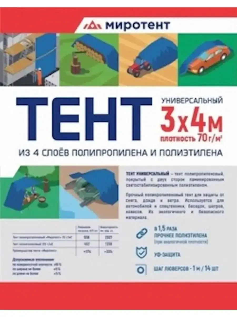 Тент Миротент 70 г/м2 3х4 с люверсами