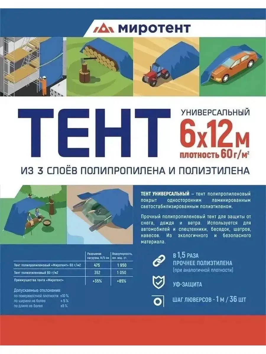 Тент Миротент 60 г/м2 6х12 с люверсами